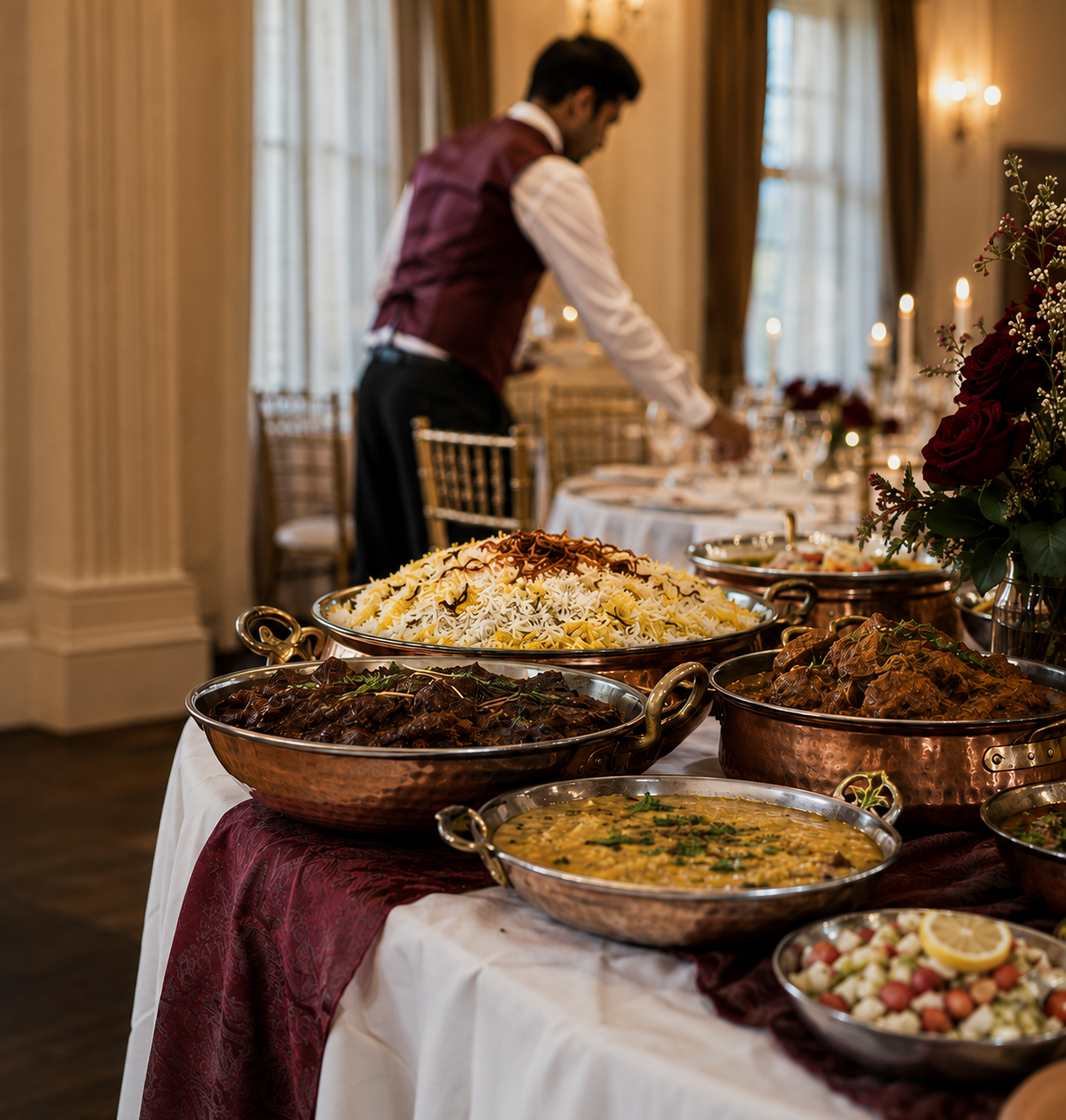 A member of the Radwa's waiting team serving guests at a laid table